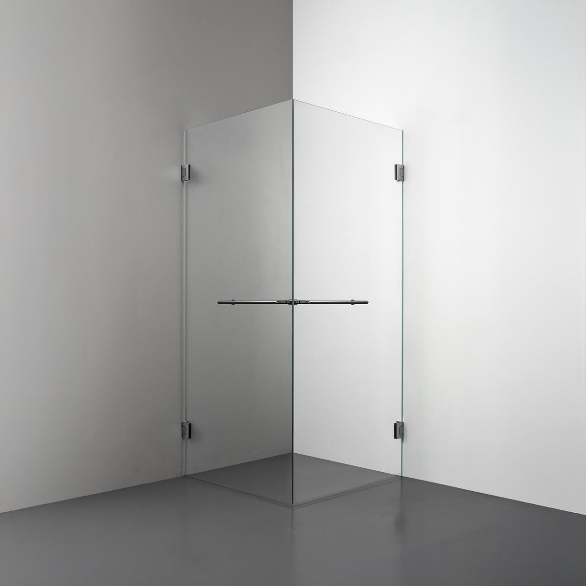 ROOH R4 Duschhörna Dörr+Dörr måttbeställd, Klarglas, Black chrome, handtag Towelbar 