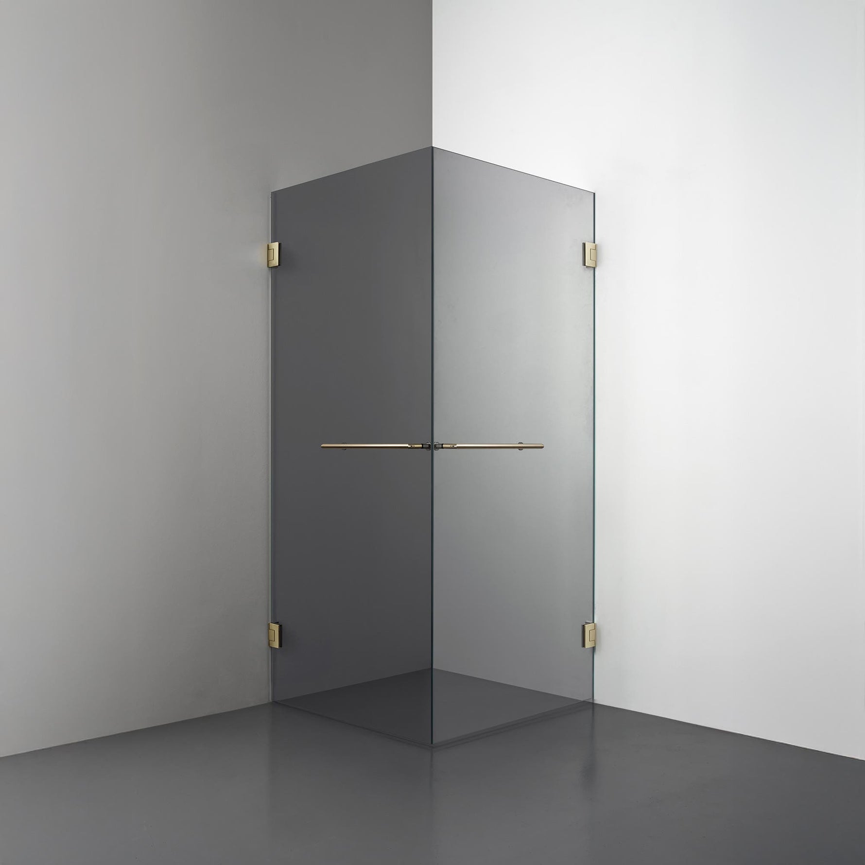 ROOH R4 Duschhörna Dörr+Dörr måttbeställd, Rökfärgat glas, Honey gold, handtag Towelbar 