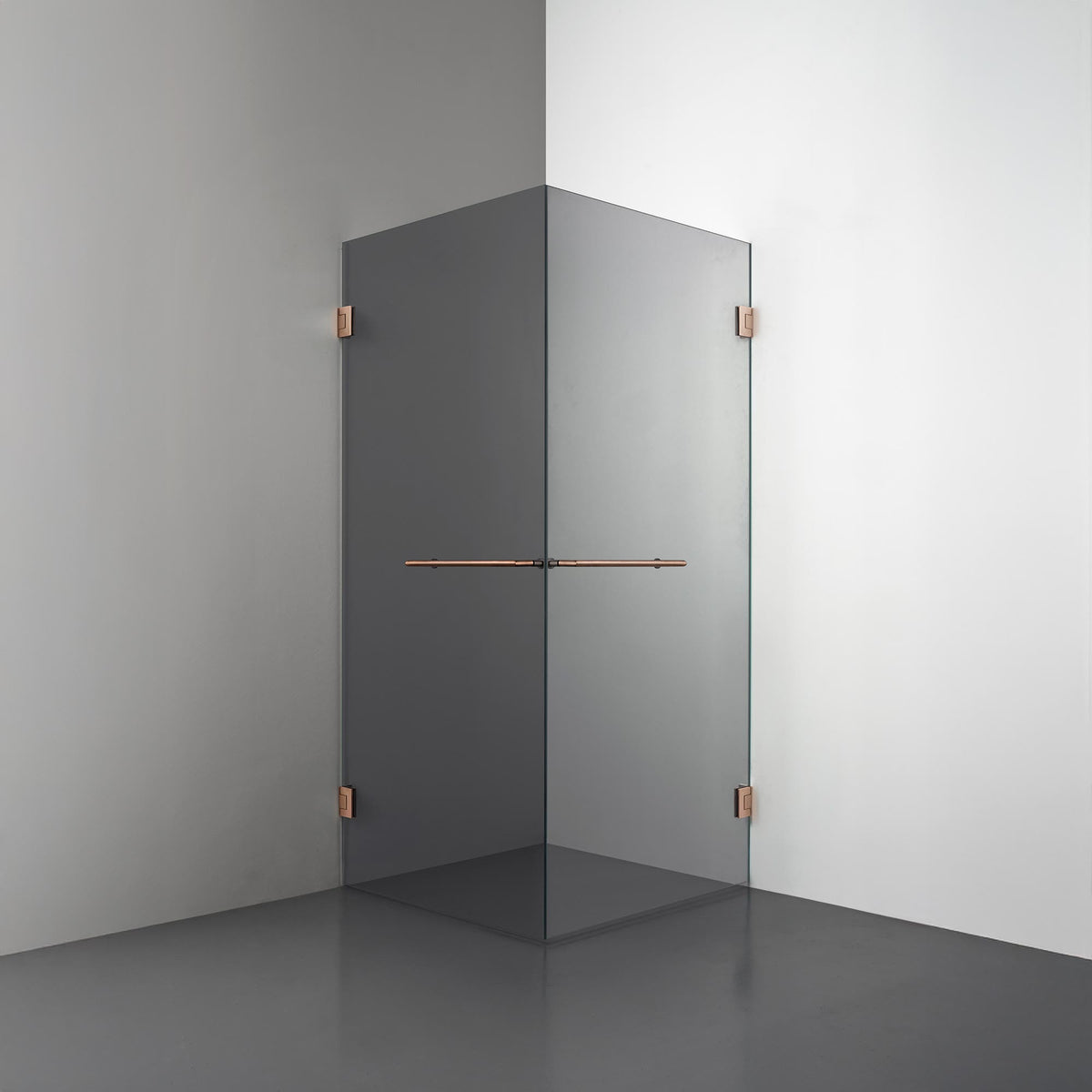 ROOH R4 Duschhörna Dörr+Dörr måttbeställd, Rökfärgat glas, Copper, handtag Towelbar 