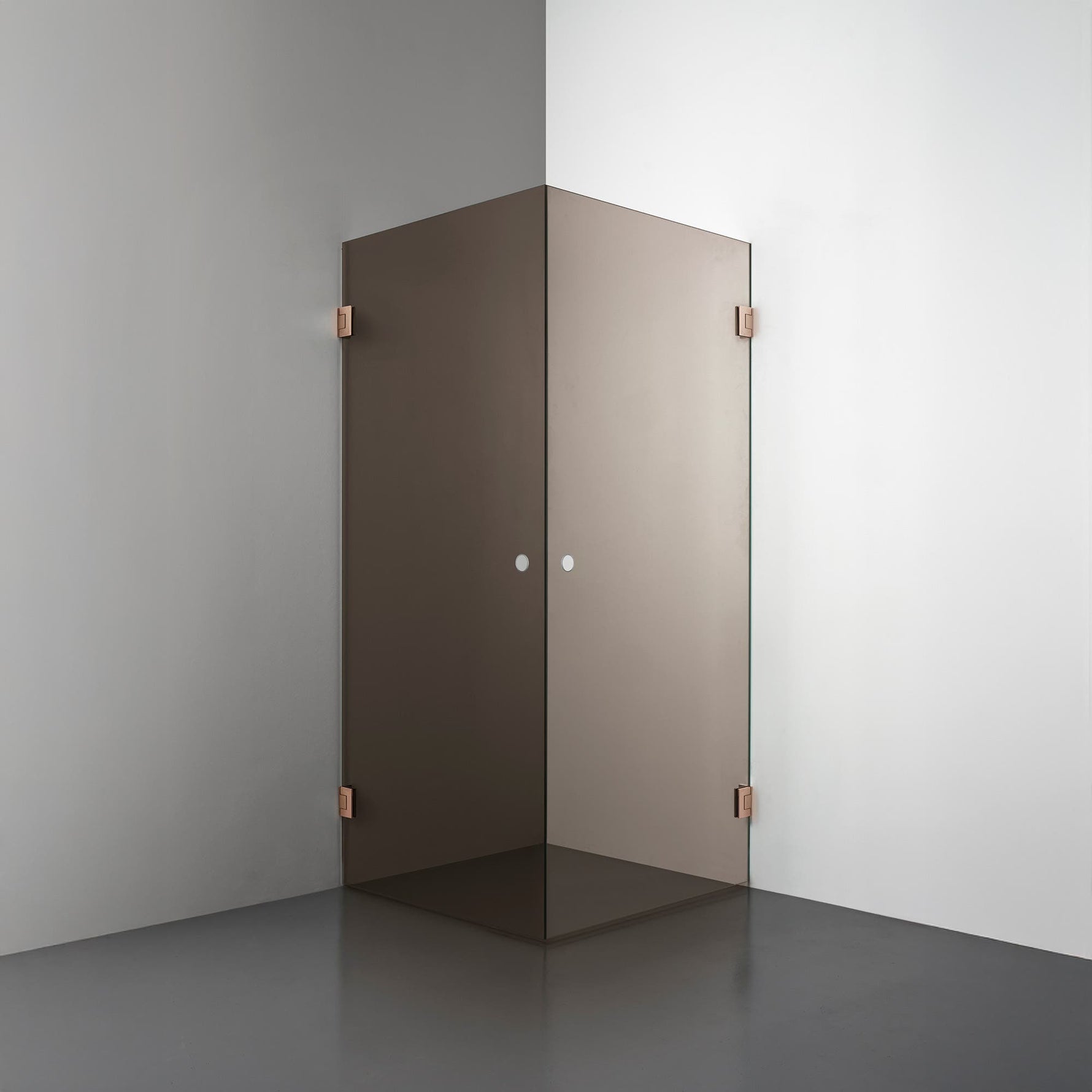 ROOH R4 Duschhörna Dörr+Dörr måttbeställd, Brunfärgat glas, Copper, handtag Hole 