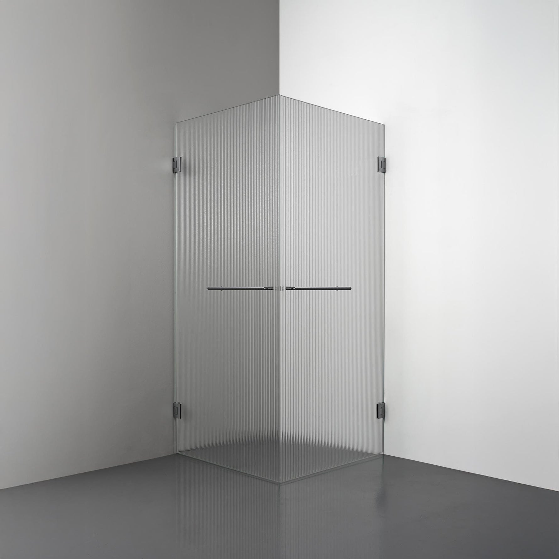 ROOH R4 Duschhörna Dörr+Dörr måttbeställd, Räfflat glas, Black chrome, handtag Towelbar 