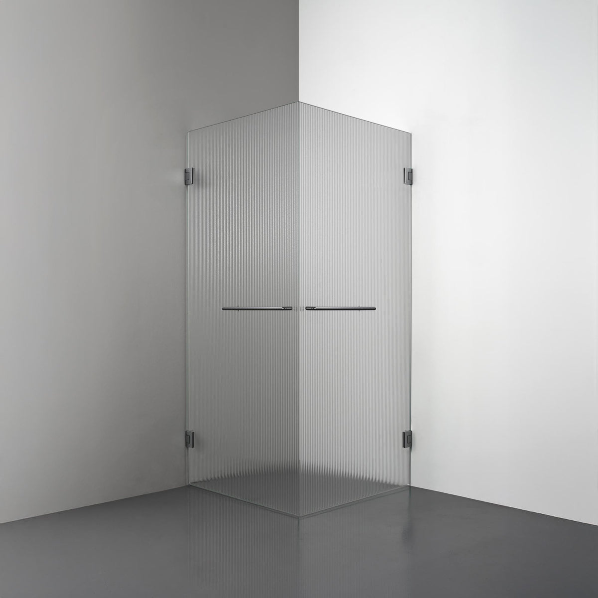 ROOH R4 Duschhörna Dörr+Dörr, Räfflat glas, Black chrome, handtag Towelbar 