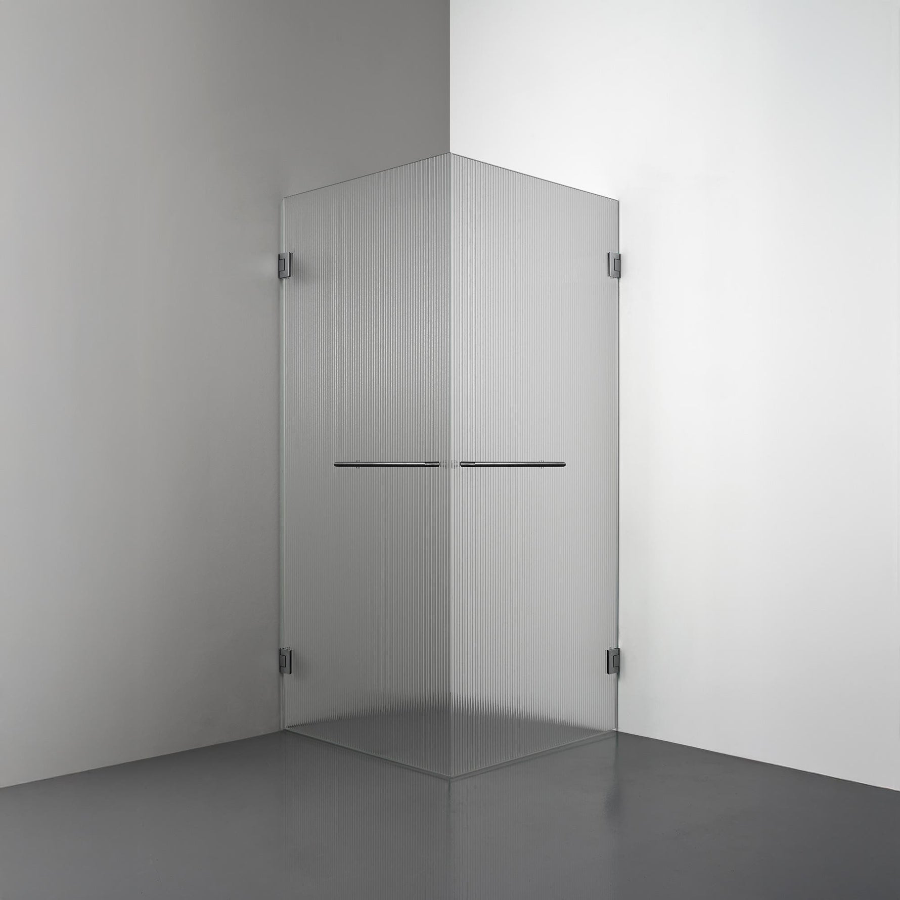 ROOH R4 Duschhörna Dörr+Dörr måttbeställd, Räfflat glas, Br Bl Chrome, handtag Towelbar 