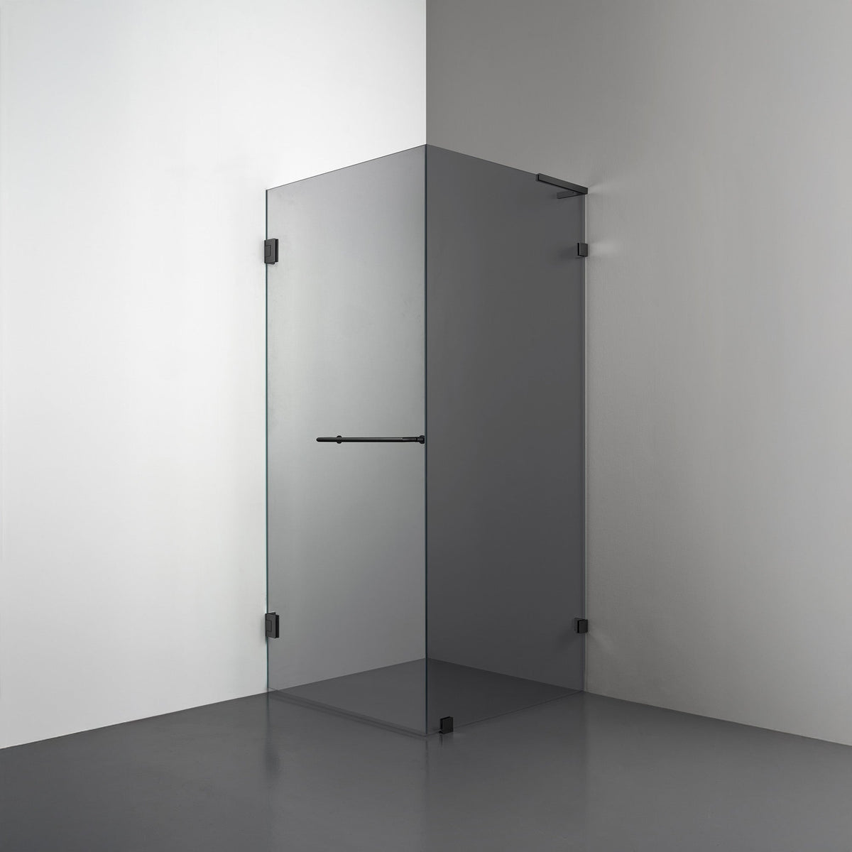 ROOH R4 Duschhörna, Rökfärgat glas, Matte black, handtag Towelbar, Höger 