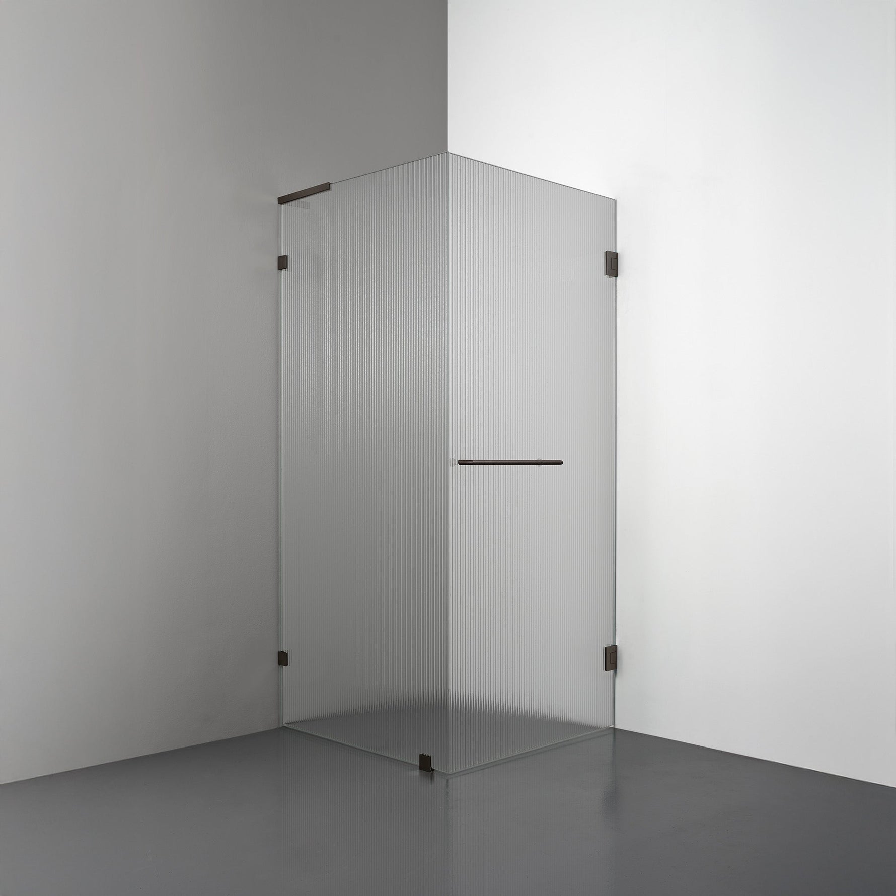 ROOH R4 Duschhörna, Räfflat glas, Bronze, handtag Towelbar, Vänster 