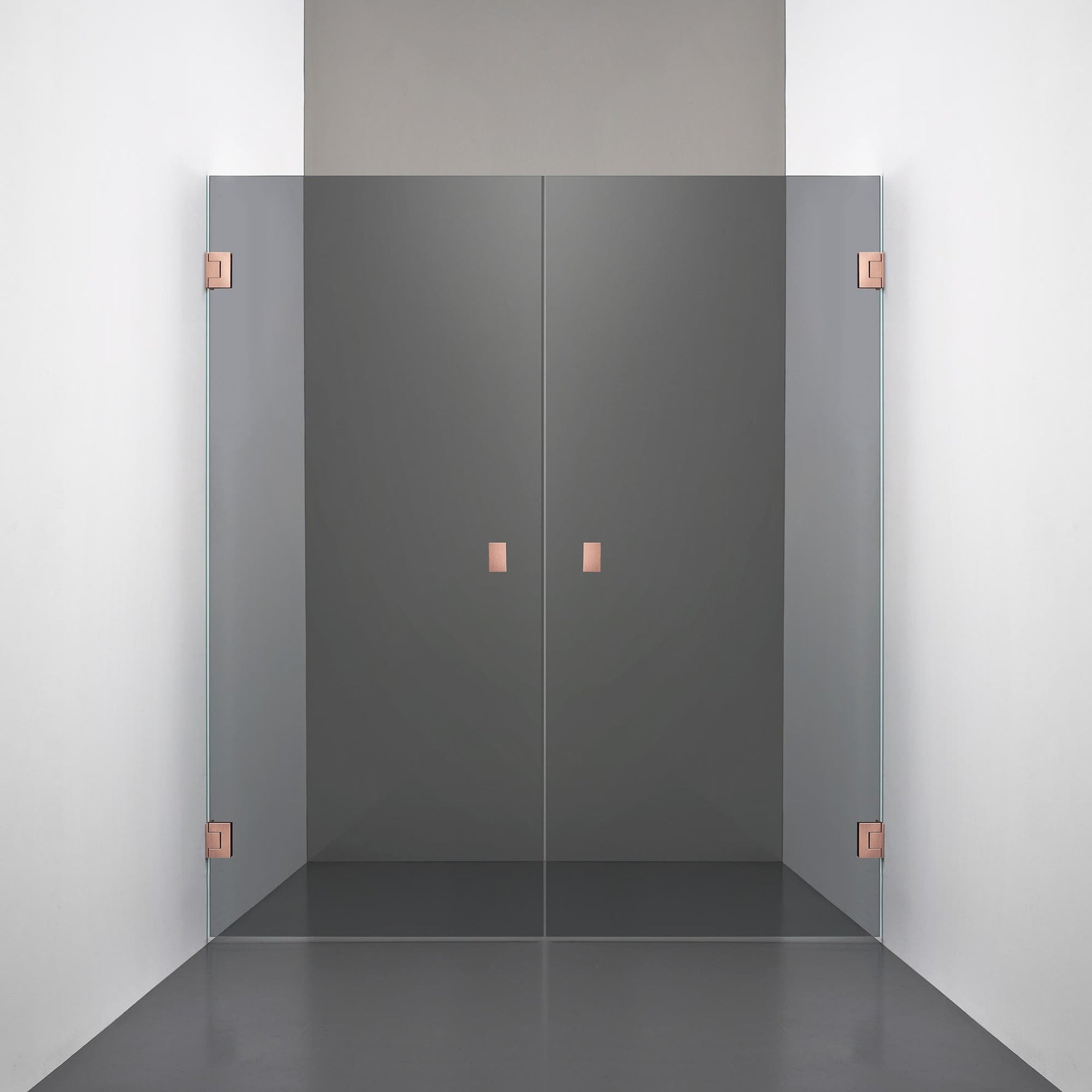 ROOH R4 Duschnisch Dörr+Dörr måttbeställd, Rökfärgat glas, Copper, handtag Knob 