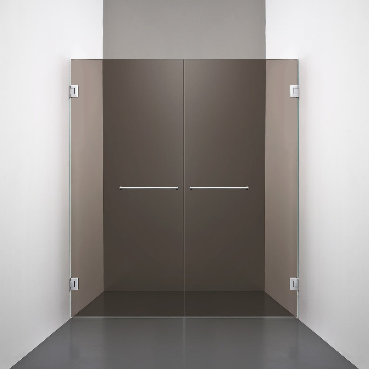 ROOH R4 Duschnisch Dörr+Dörr måttbeställd, Brunfärgat glas, Chrome, handtag Towelbar 