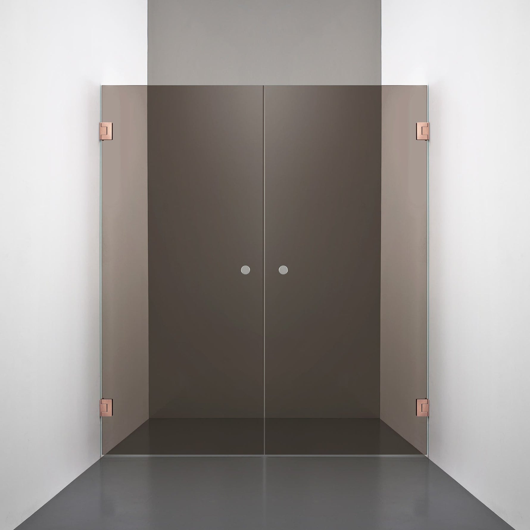 ROOH R4 Duschnisch Dörr+Dörr måttbeställd, Brunfärgat glas, Copper, handtag Hole 