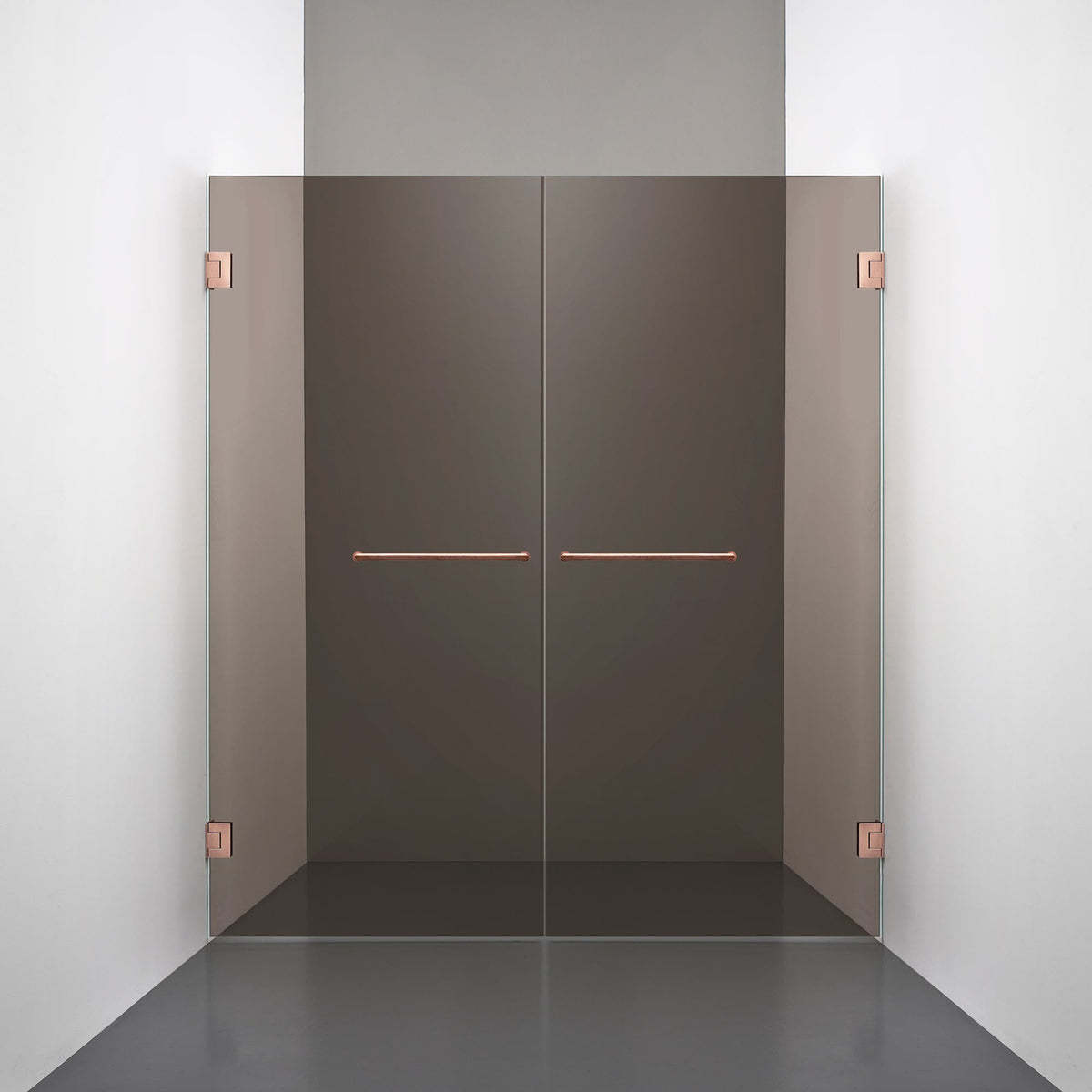 ROOH R4 Duschnisch Dörr+Dörr måttbeställd, Brunfärgat glas, Copper, handtag Towelbar 