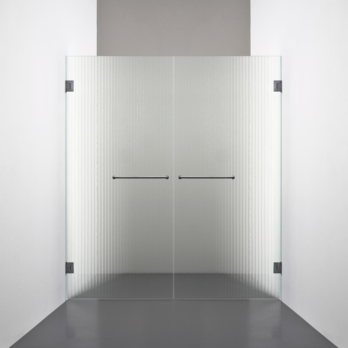 ROOH R4 Duschnisch Dörr+Dörr måttbeställd, Räfflat glas, Br Bl Chrome, handtag Towelbar 