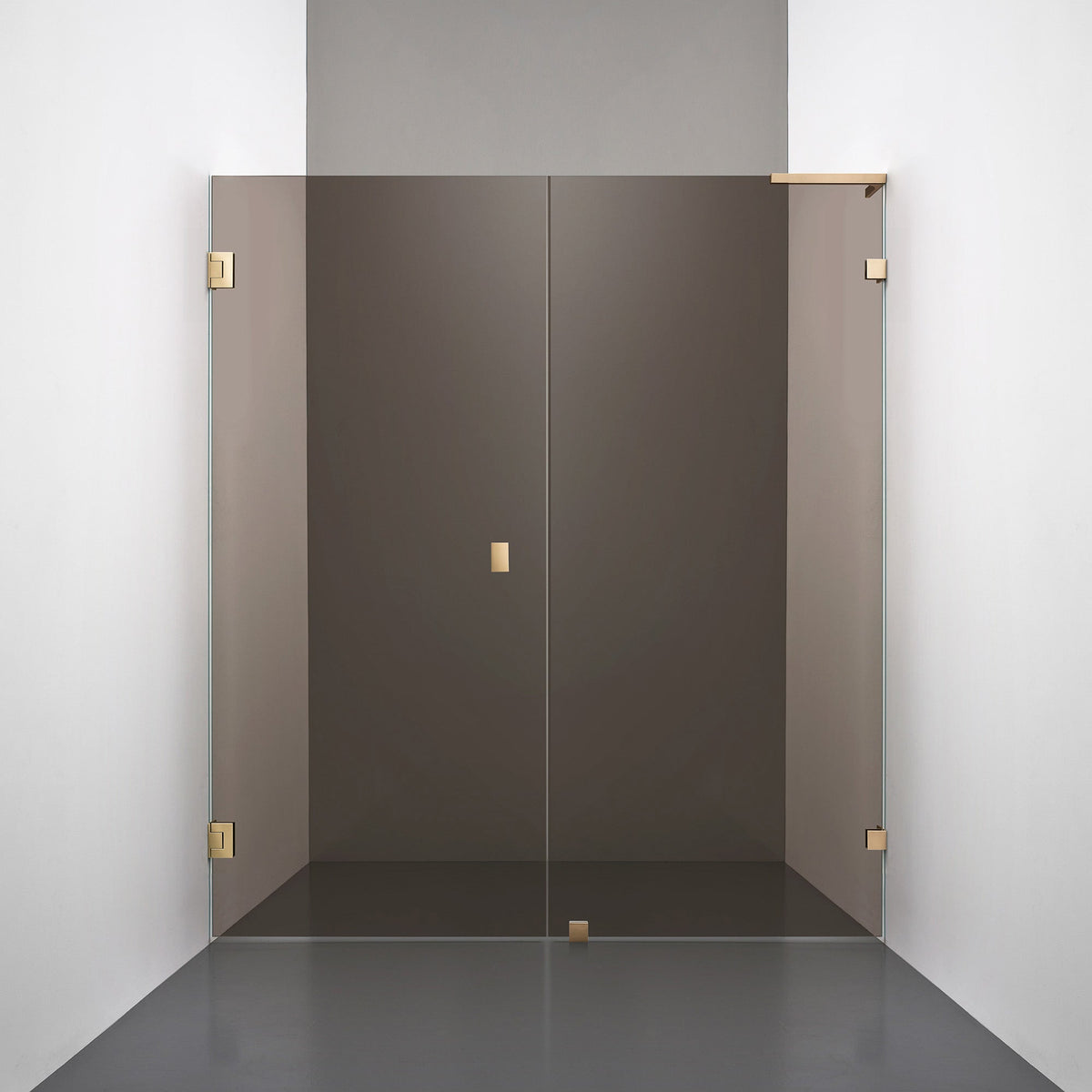 ROOH R4 Duschnisch Dörr+Vägg, Brunfärgat glas, Brass, handtag Knob, Vänster 