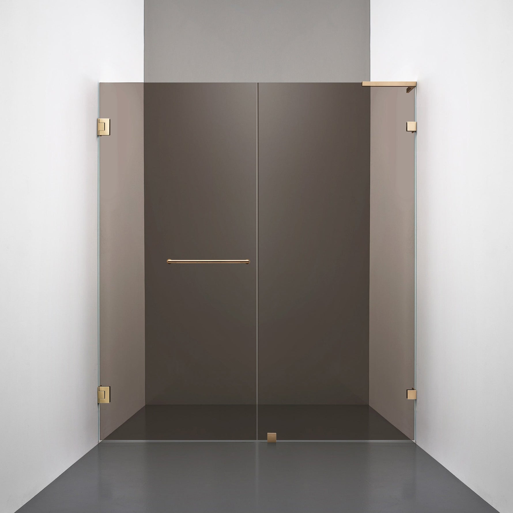 ROOH R4 Duschnisch Dörr+Vägg, Brunfärgat glas, Brass, handtag Towelbar, Vänster 