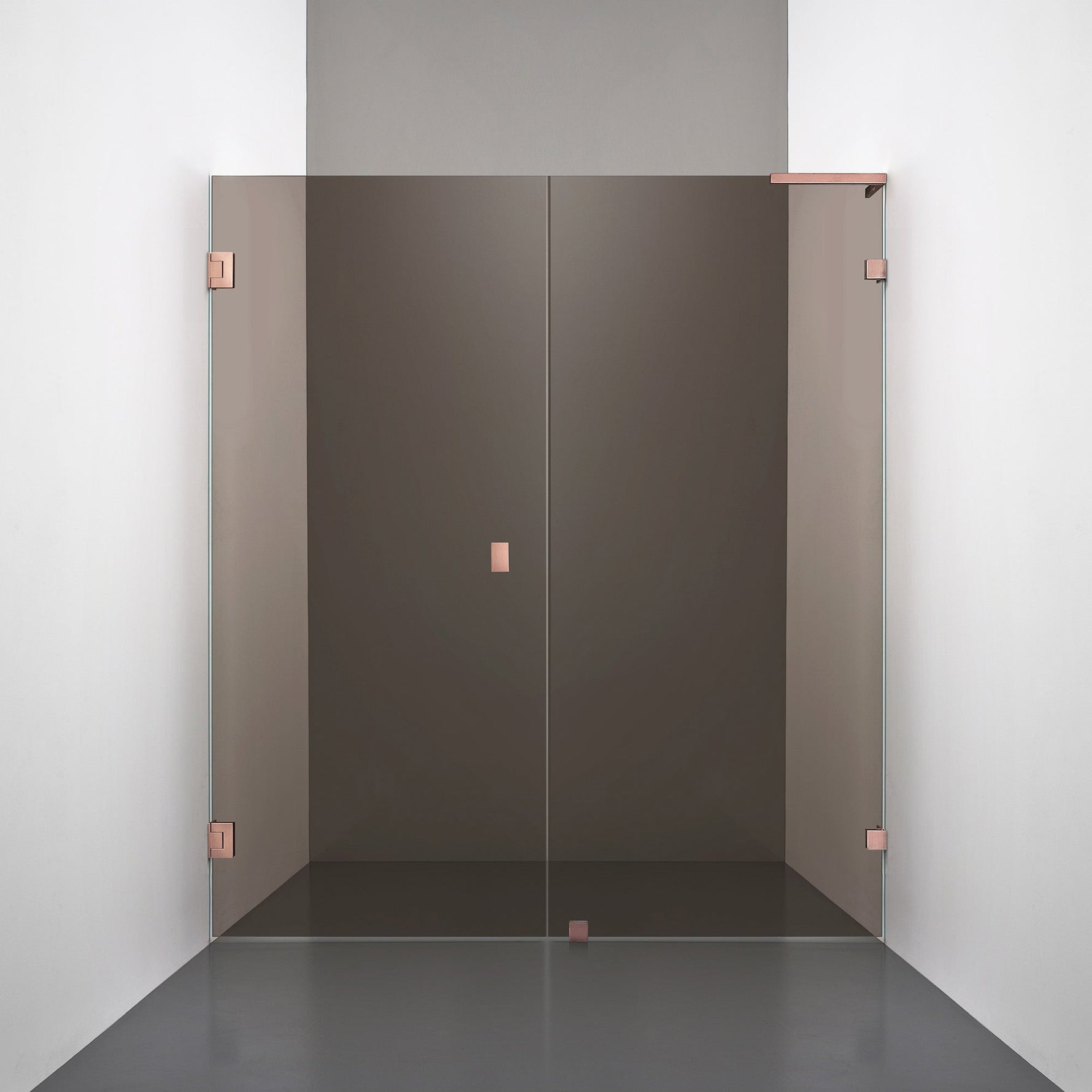 ROOH R4 Duschnisch Dörr+Vägg måttbeställd, Brunfärgat glas, Copper, handtag Knob, Vänster 