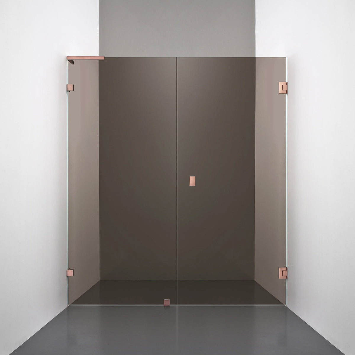 ROOH R4 Duschnisch Dörr+Vägg, Brunfärgat glas, Copper, handtag Knob, Höger 