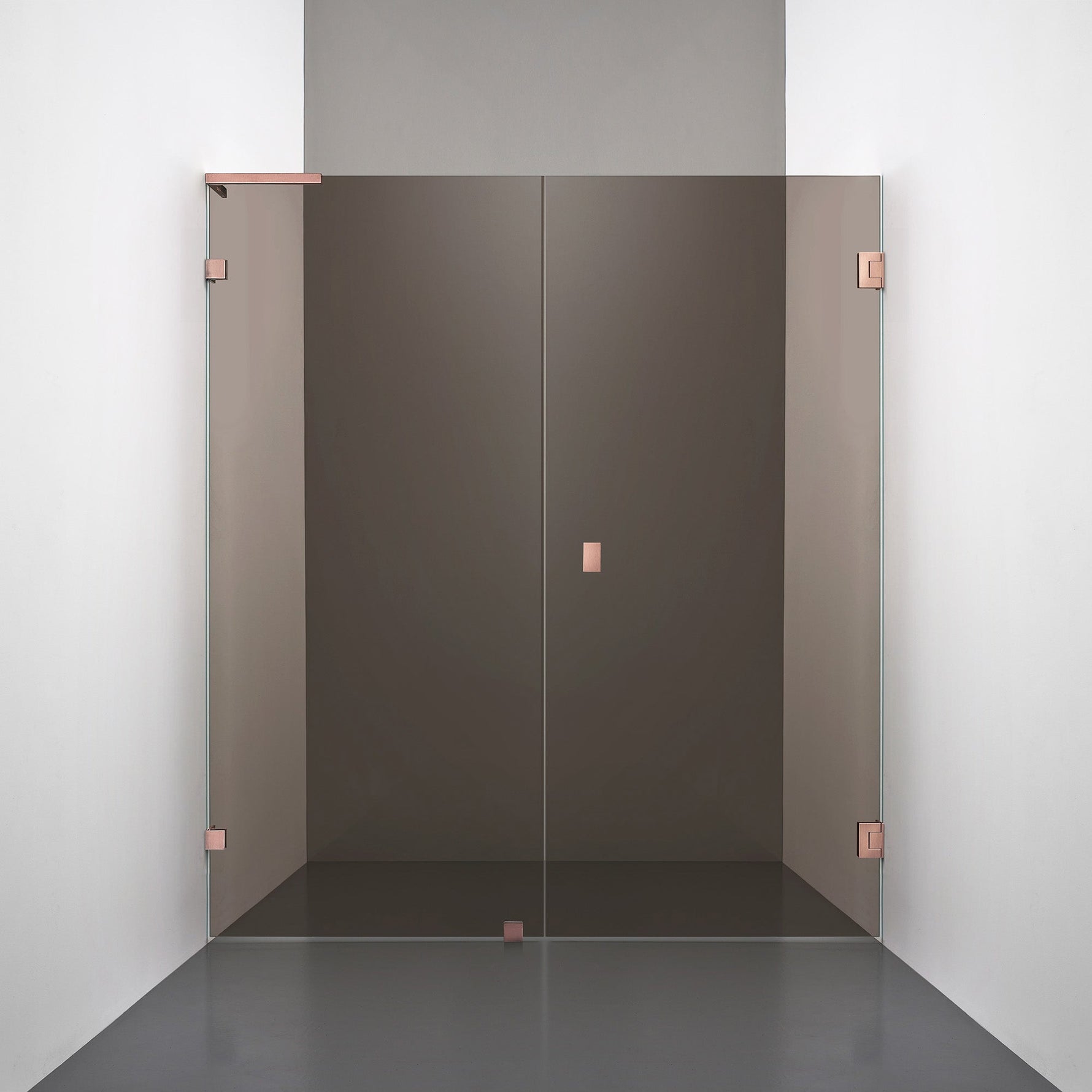 ROOH R4 Duschnisch Dörr+Vägg, Brunfärgat glas, Copper, handtag Knob, Höger 