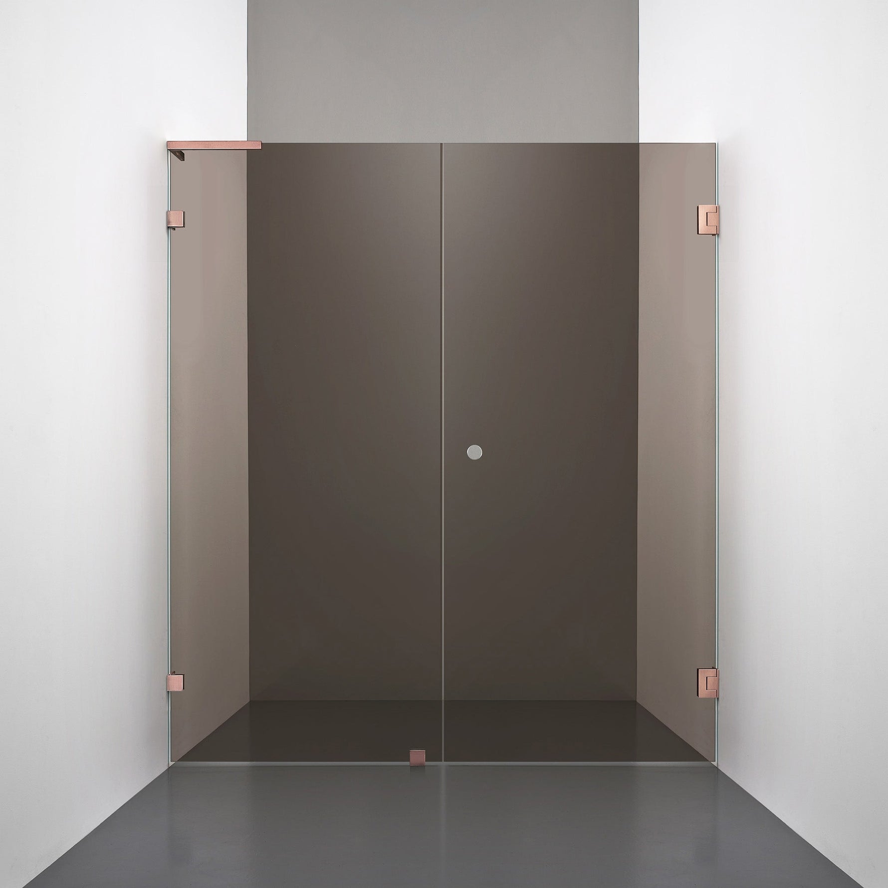 ROOH R4 Duschnisch Dörr+Vägg måttbeställd, Brunfärgat glas, Copper, handtag Hole, Vänster 