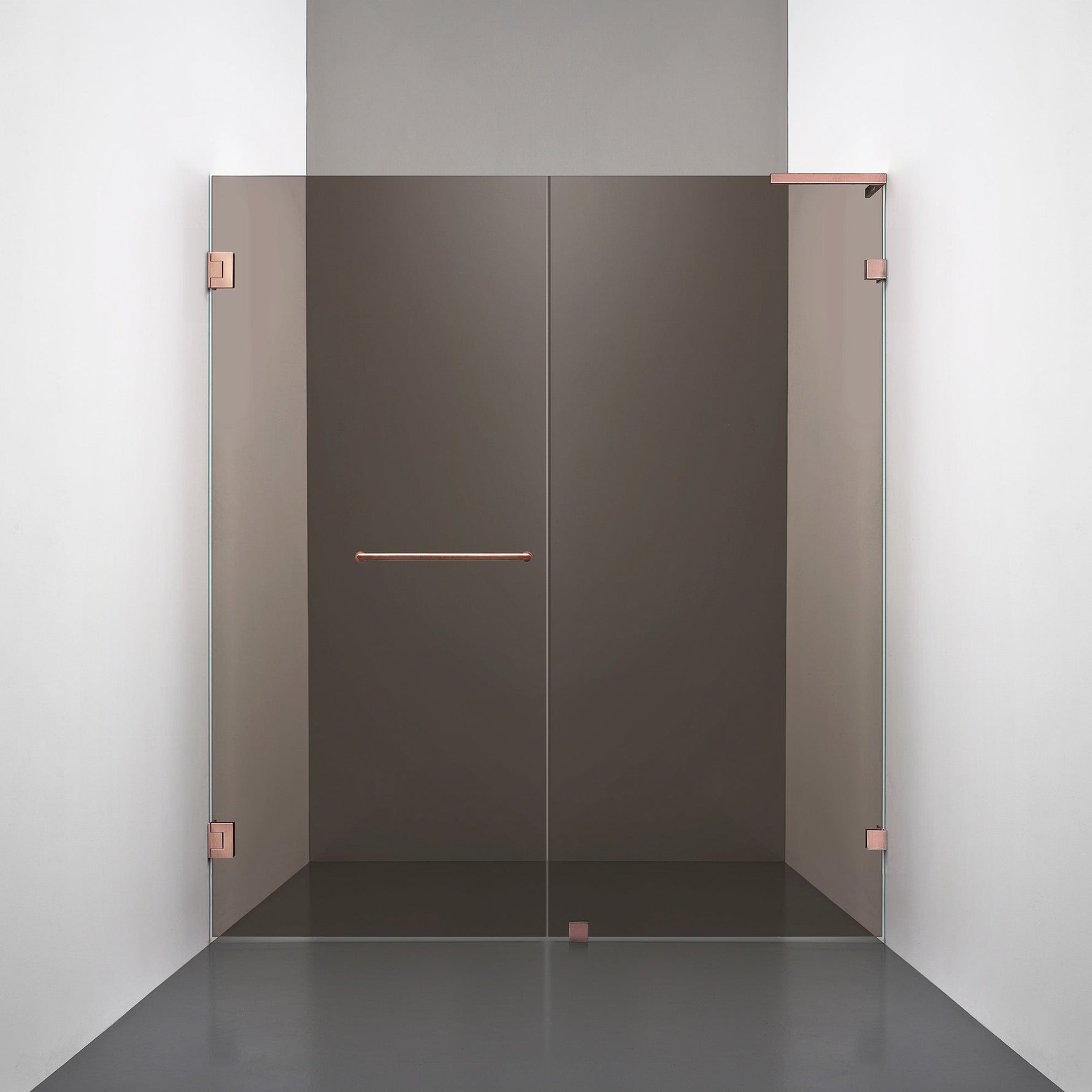 ROOH R4 Duschnisch, Brunfärgat glas, Copper, handtag Towelbar, Höger 
