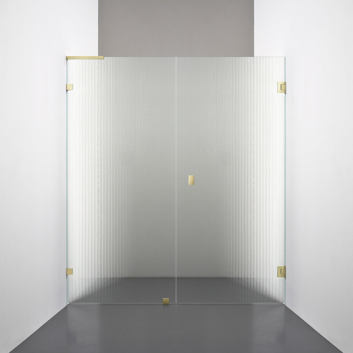 ROOH R4 Duschnisch Dörr+Vägg, Räfflat glas, Honey gold, handtag Knob, Höger 