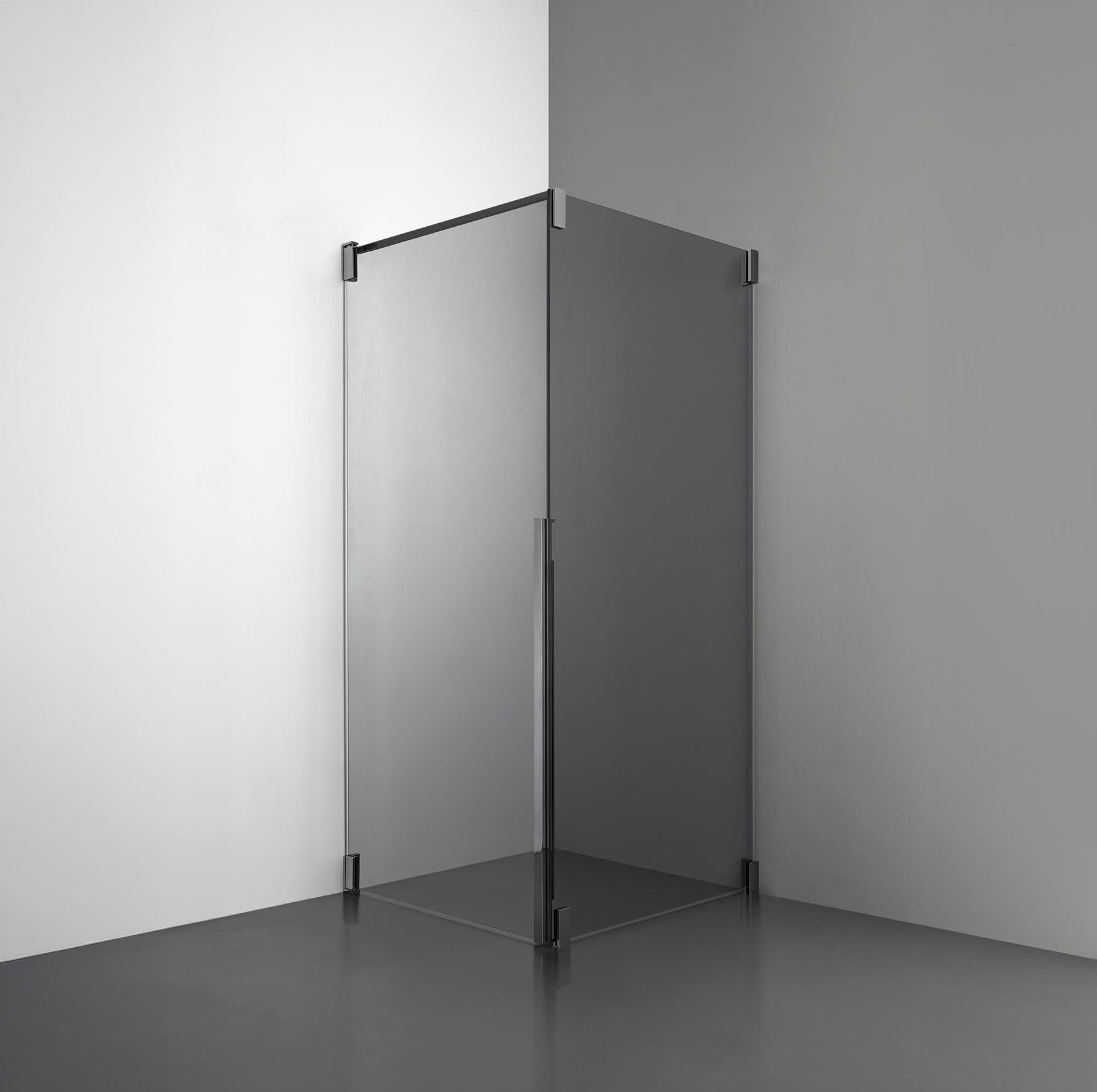 ROOH R2 Duschhörna Dörr+Vägg, Rökfärgat glas, Black chrome, Dörr vänster + Fast glas höger måttbeställd 
