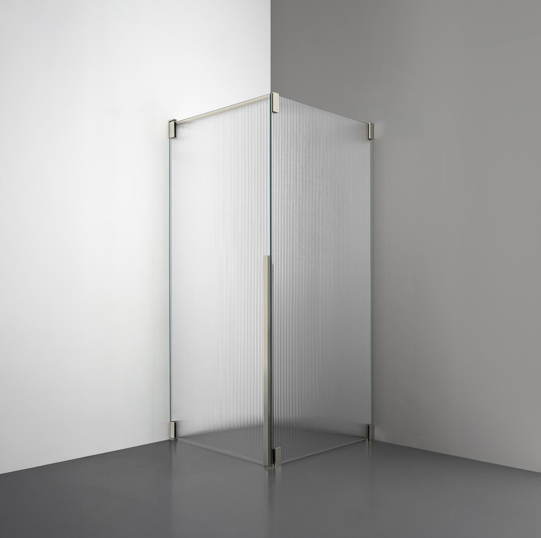 ROOH R2 Duschhörna Dörr+Vägg, Räfflat glas, Brushed Nickel, Dörr vänster + Fast glas höger måttbeställd 