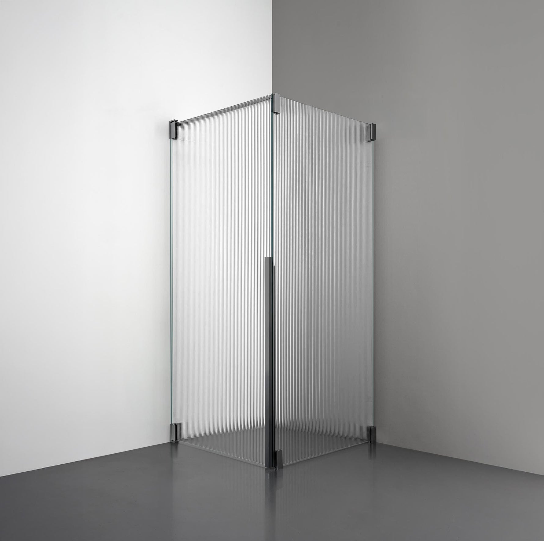 ROOH R2 Duschhörna Dörr+Vägg, Räfflat glas, Br Bl Chrome, Dörr vänster + Fast glas höger måttbeställd 