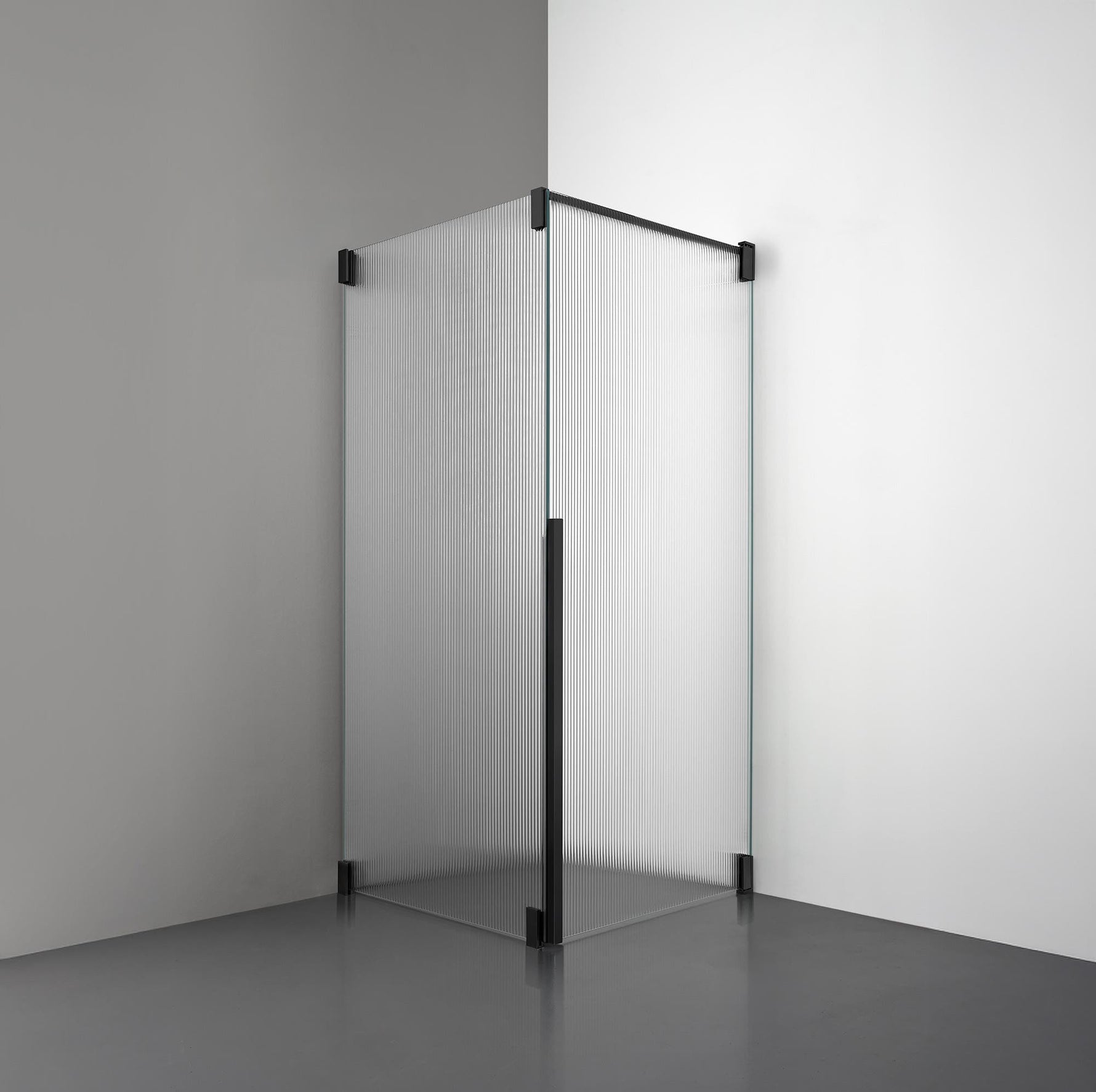 ROOH R2 Duschhörna Dörr+Vägg, Räfflat glas, Matte black, Dörr höger + Fast glas vänster måttbeställd 