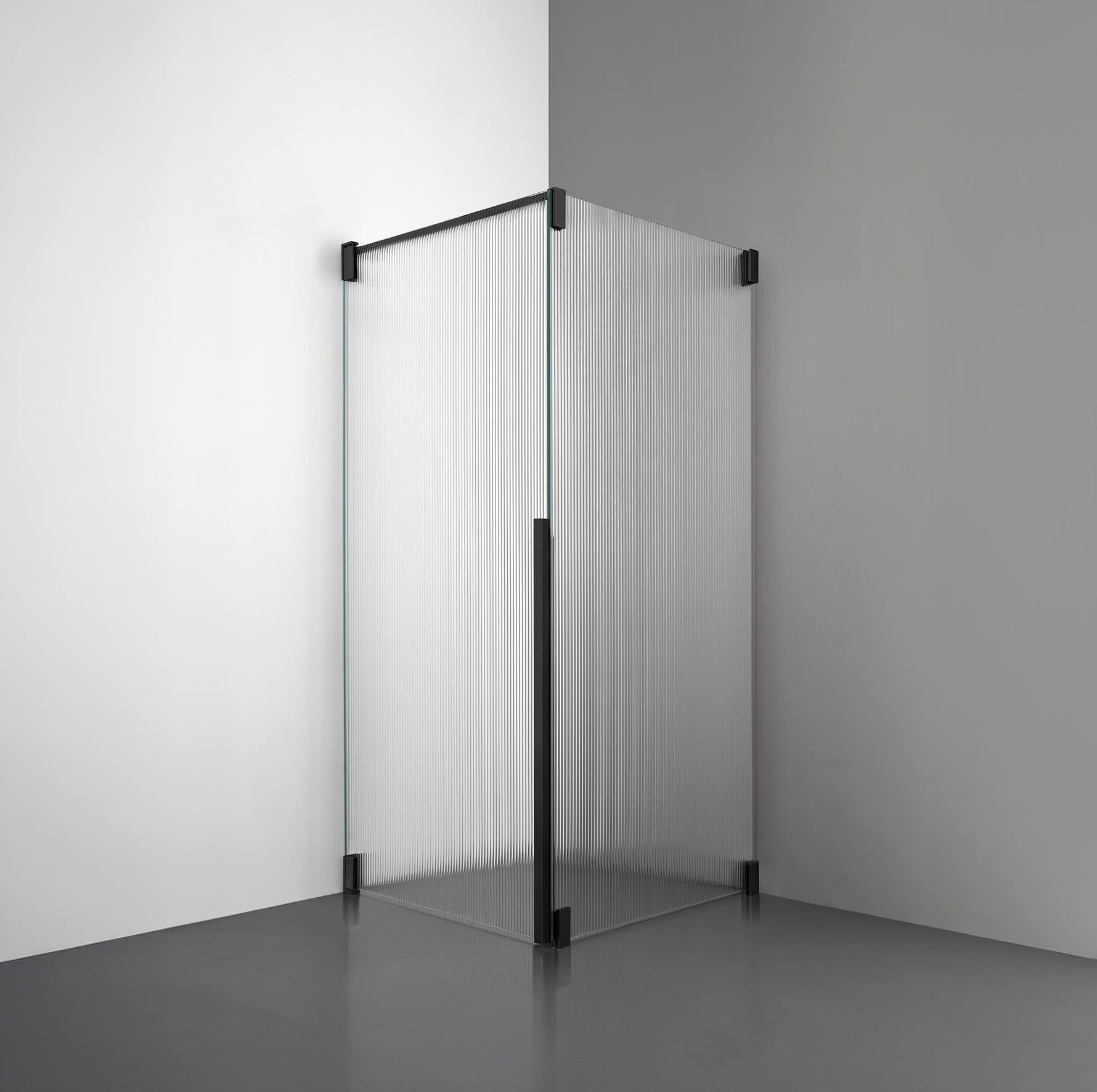 ROOH R2 Duschhörna Dörr+Vägg, Räfflat glas, Matte black, Dörr vänster + Fast glas höger måttbeställd 
