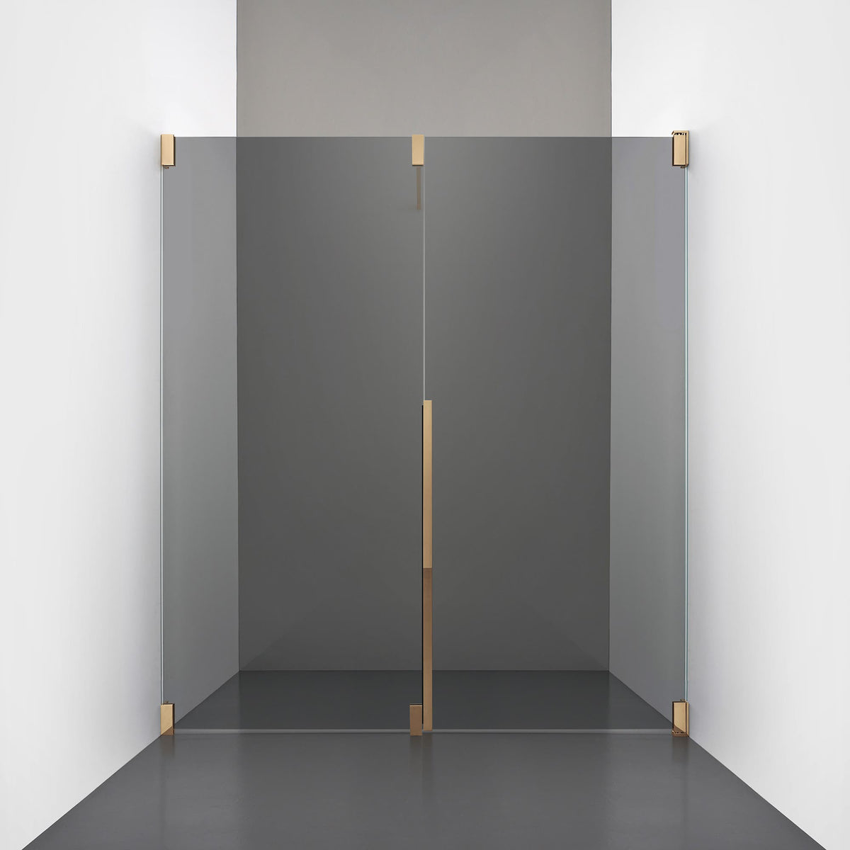 ROOH R2 Duschnisch Dörr+Vägg, Rökfärgat glas, Brass, Dörr höger + Fast glas vänster måttbeställd 