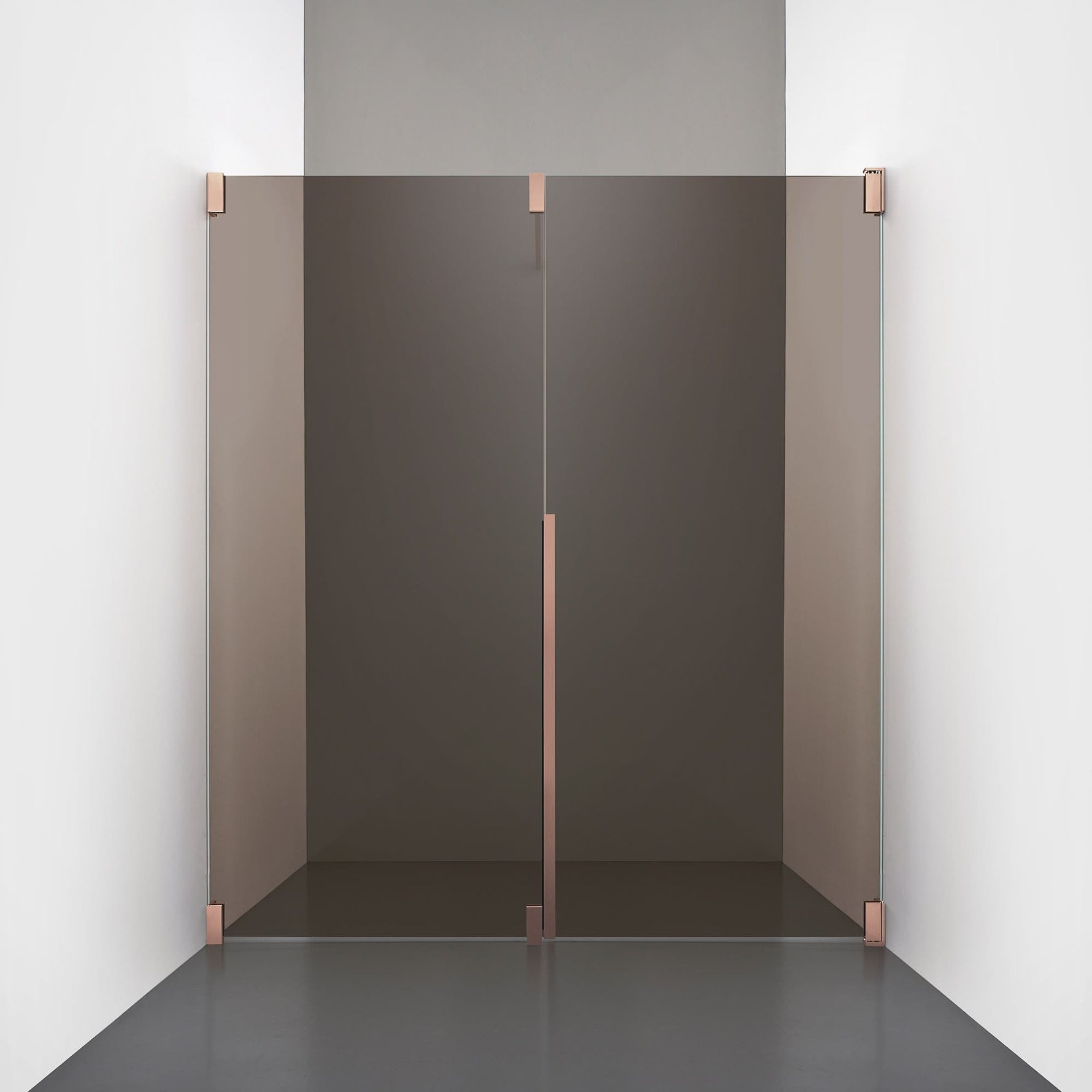 ROOH R2 Duschnisch Dörr+Vägg, Brunfärgat glas, Copper, Dörr höger + Fast glas vänster måttbeställd 