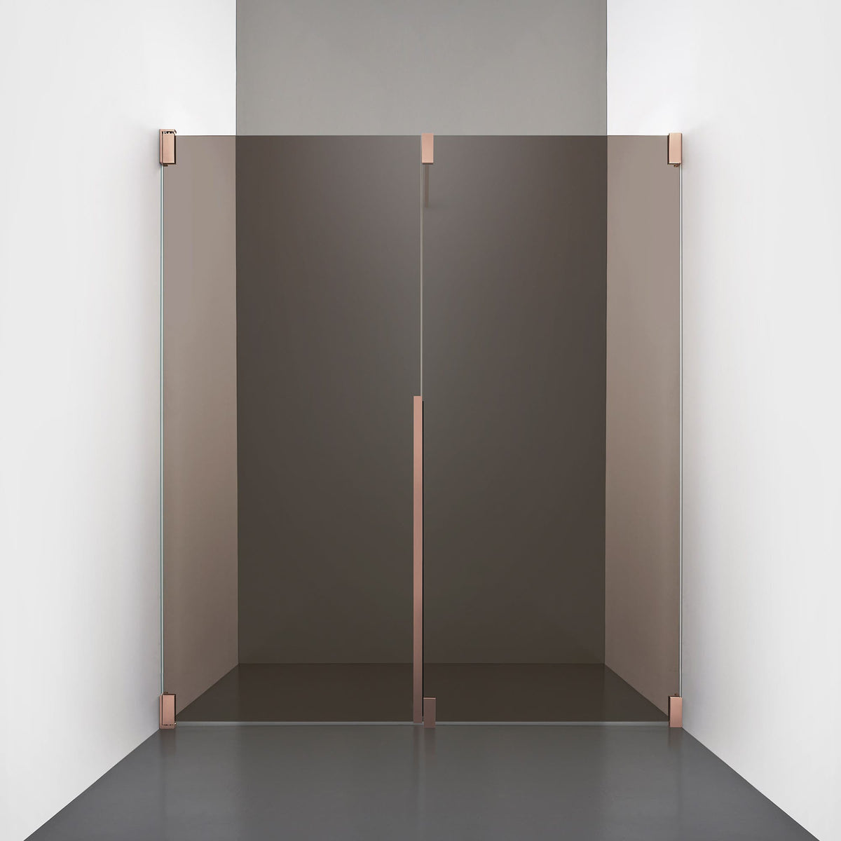 ROOH R2 Duschnisch Dörr+Vägg, Brunfärgat glas, Copper, Dörr vänster + Fast glas höger måttbeställd 