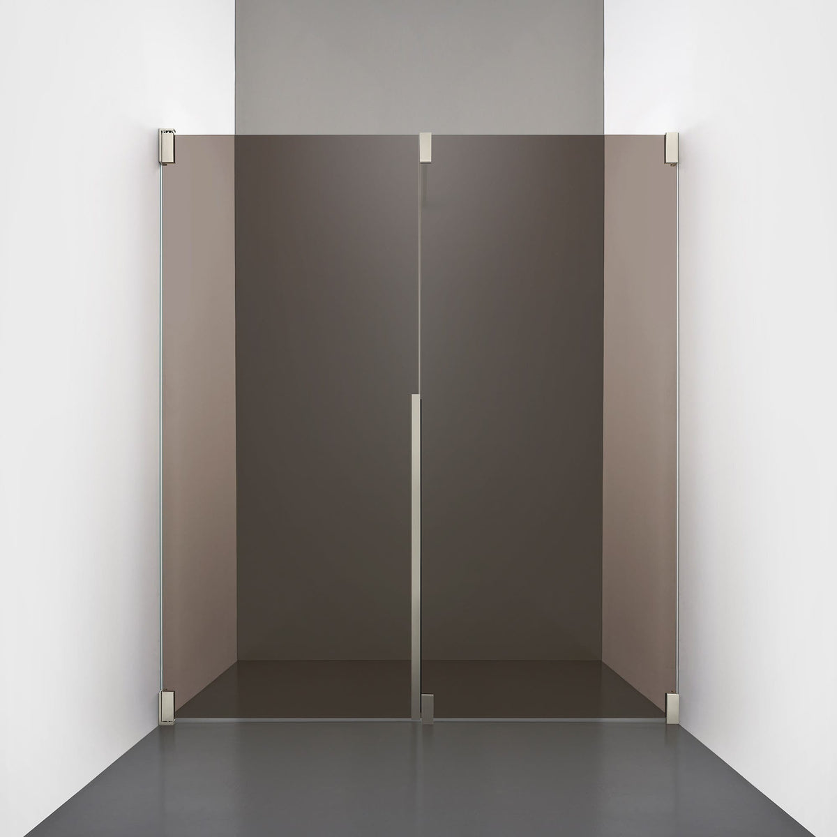 ROOH R2 Duschnisch Dörr+Vägg, Brunfärgat glas, Brushed Nickel, Dörr vänster + Fast glas höger måttbeställd 