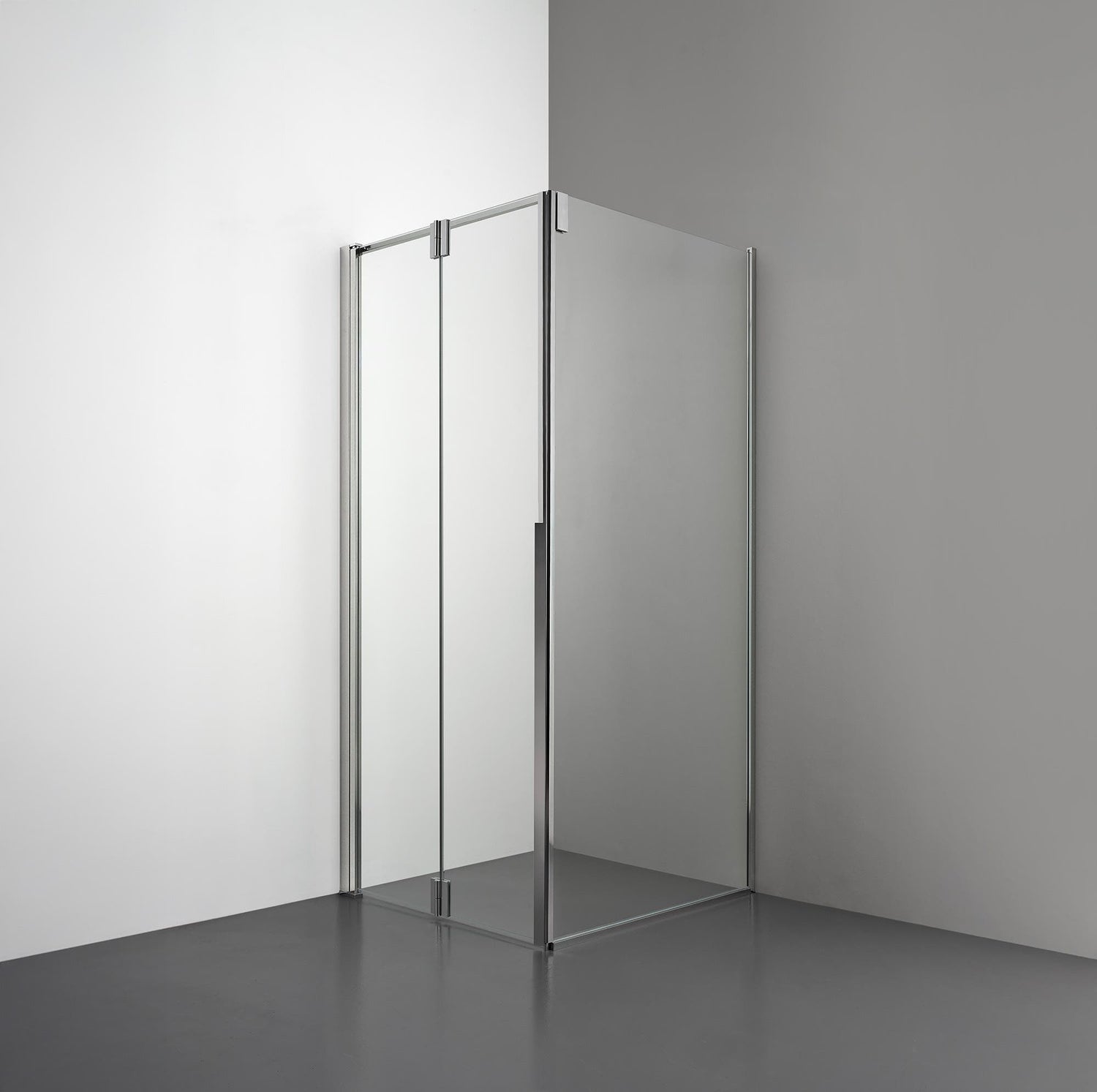 ROOH R3 Duschhörna Vikdörr+Vägg, Klarglas, Polished, Dörr höger + Fast glas vänster måttbeställd 