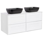 Kommod Alterna Gabriella med bänkskiva 120 (dubbelt tvättställ), Vit Matt, Vit bänkskiva, Rektangulärt Svart Matt tvättställ