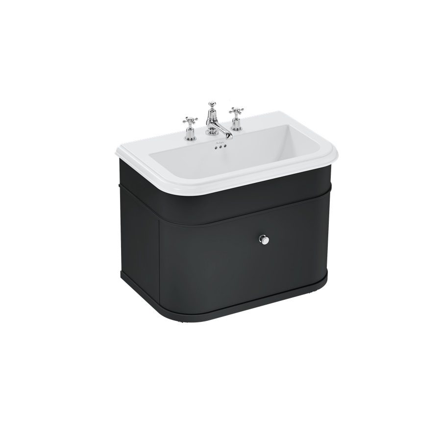 Badrumskommod Burlington Chalfont 75 cm med låda, svart, keramiskt, 3 blandarhål
