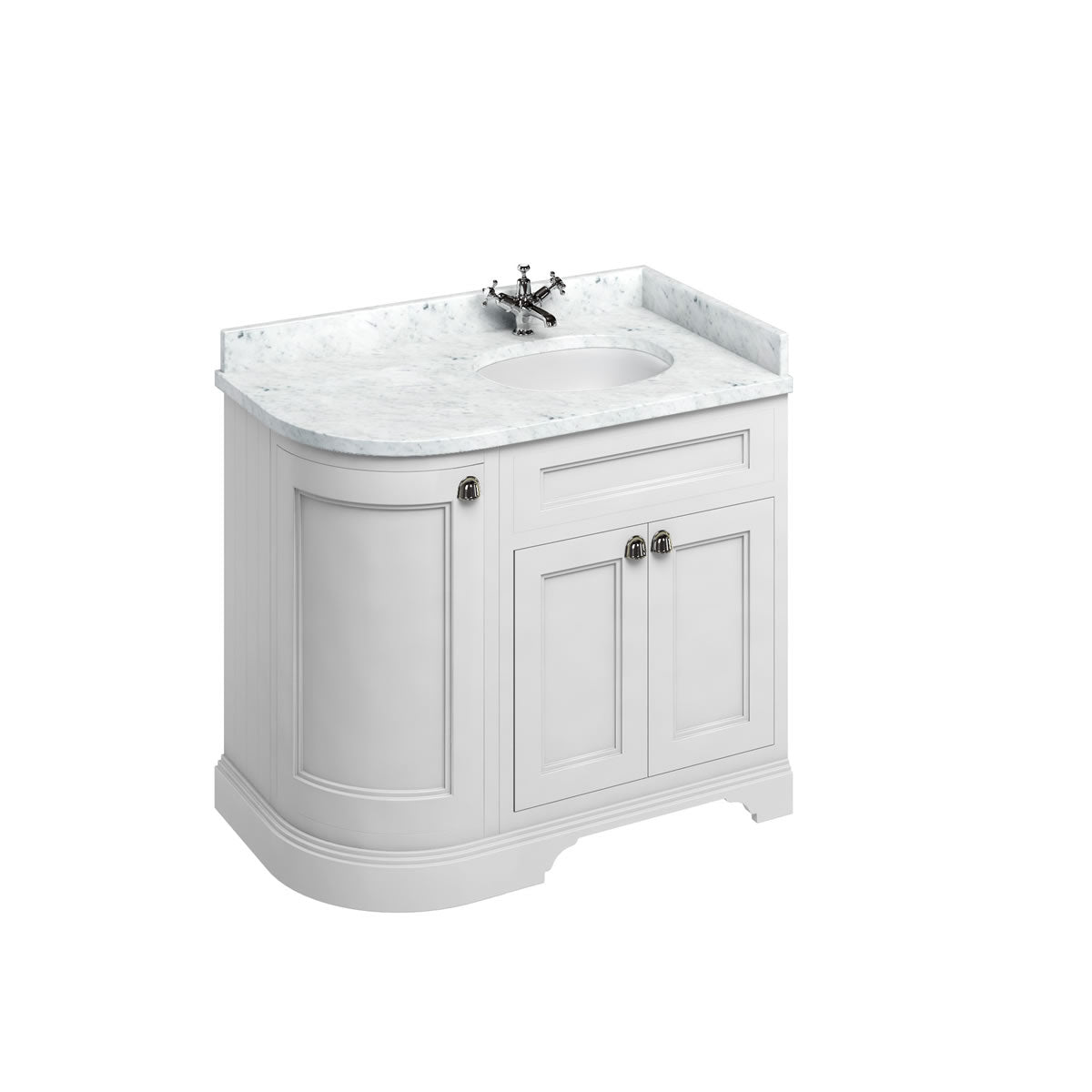 Badrumskommod Burlington Edwardian 100 cm rundad högerhängd dörr, matt vit, minerva-skiva carrara vit