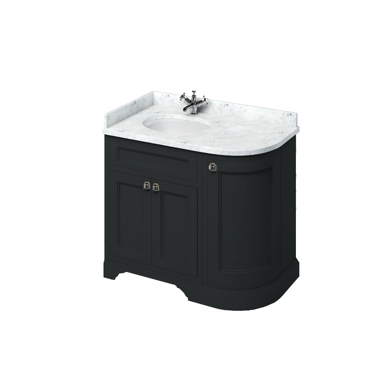 Badrumskommod Burlington Edwardian 100 cm rundad vänsterhängd dörr, matt svart, minerva-skiva carrara vit