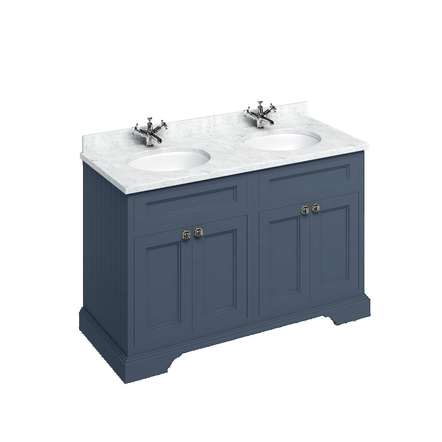 Badrumskommod Burlington Edwardian 130 cm med dubbla tvättställ och dörrar, blå, minerva-skiva carrara vit
