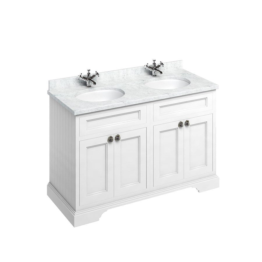 Badrumskommod Burlington Edwardian 130 cm med dubbla tvättställ och dörrar, matt vit, minerva-skiva carrara vit