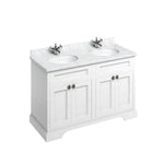 Badrumskommod Burlington Edwardian 130 cm med dubbla tvättställ och dörrar, matt vit, minerva-skiva carrara vit