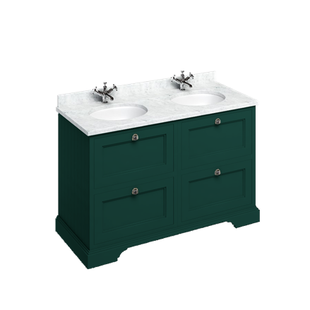 Badrumskommod Burlington Edwardian 130 cm med dubbla tvättställ och lådor, matt grön, minerva-skiva carrara vit