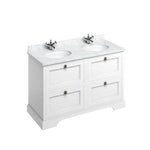 Badrumskommod Burlington Edwardian 130 cm med dubbla tvättställ och lådor, matt vit, minerva-skiva carrara vit