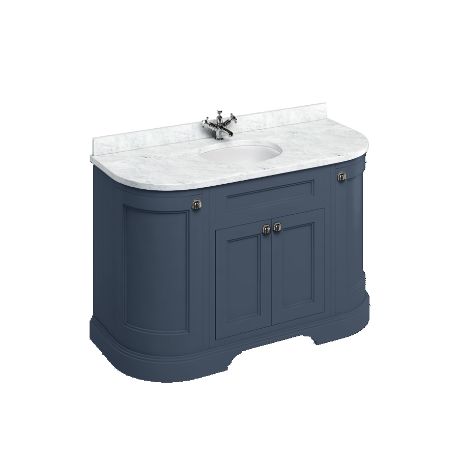 Badrumskommod Burlington Edwardian 134 cm rundad med dörrar, blå, minerva-skiva carrara vit