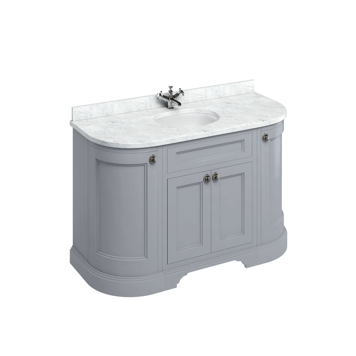 Badrumskommod Burlington Edwardian 134 cm rundad med dörrar, grå, minerva-skiva carrara vit