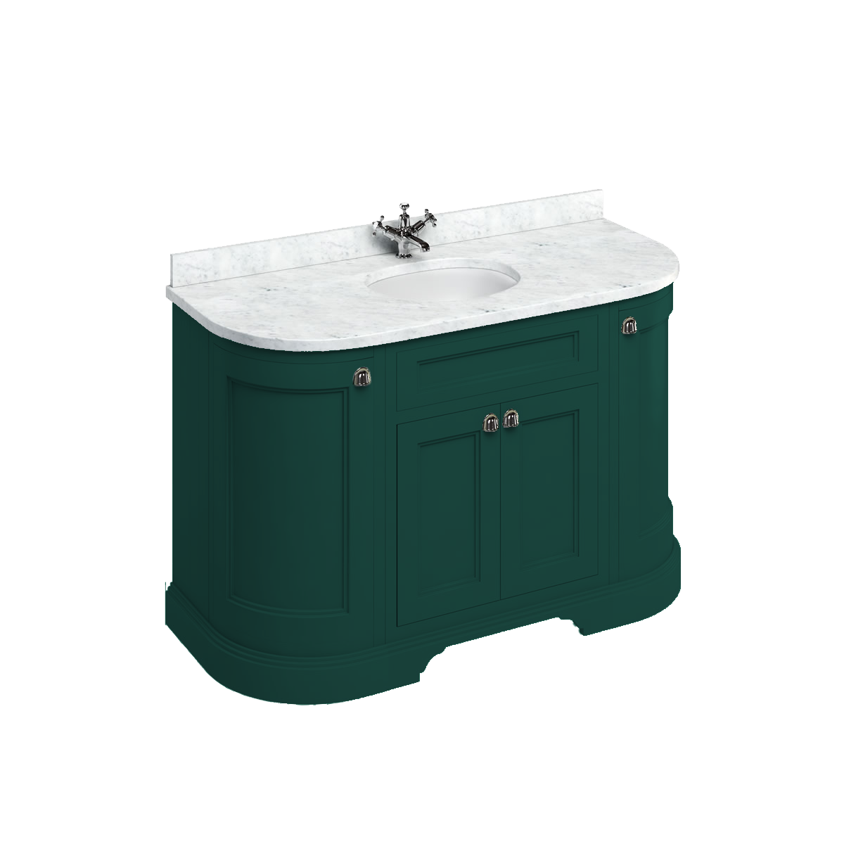 Badrumskommod Burlington Edwardian 134 cm rundad med dörrar, matt grön, minerva-skiva carrara vit