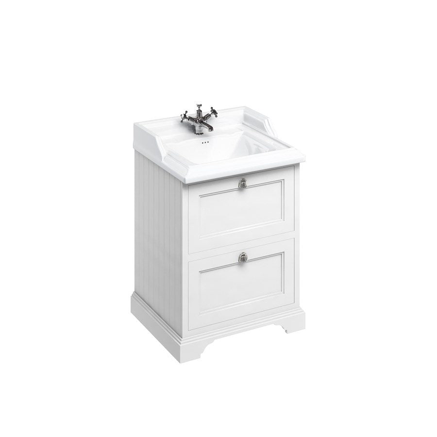 Badrumskommod Burlington Edwardian 65 cm med lådor, matt vit, classic 1 blandarhål