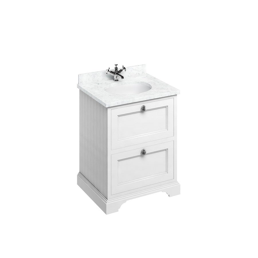 Badrumskommod Burlington Edwardian 65 cm med lådor, matt vit, minerva-skiva carrara vit