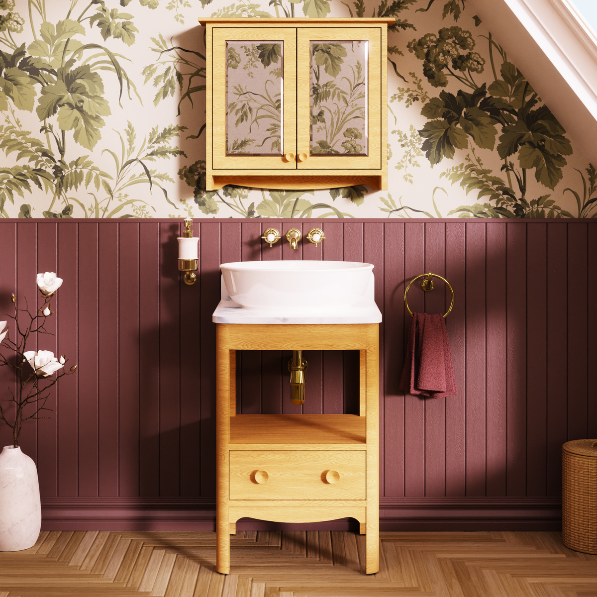 Badrumskommod Burlington Guild 56 cm med bänkskiva, ljus ek, carrara