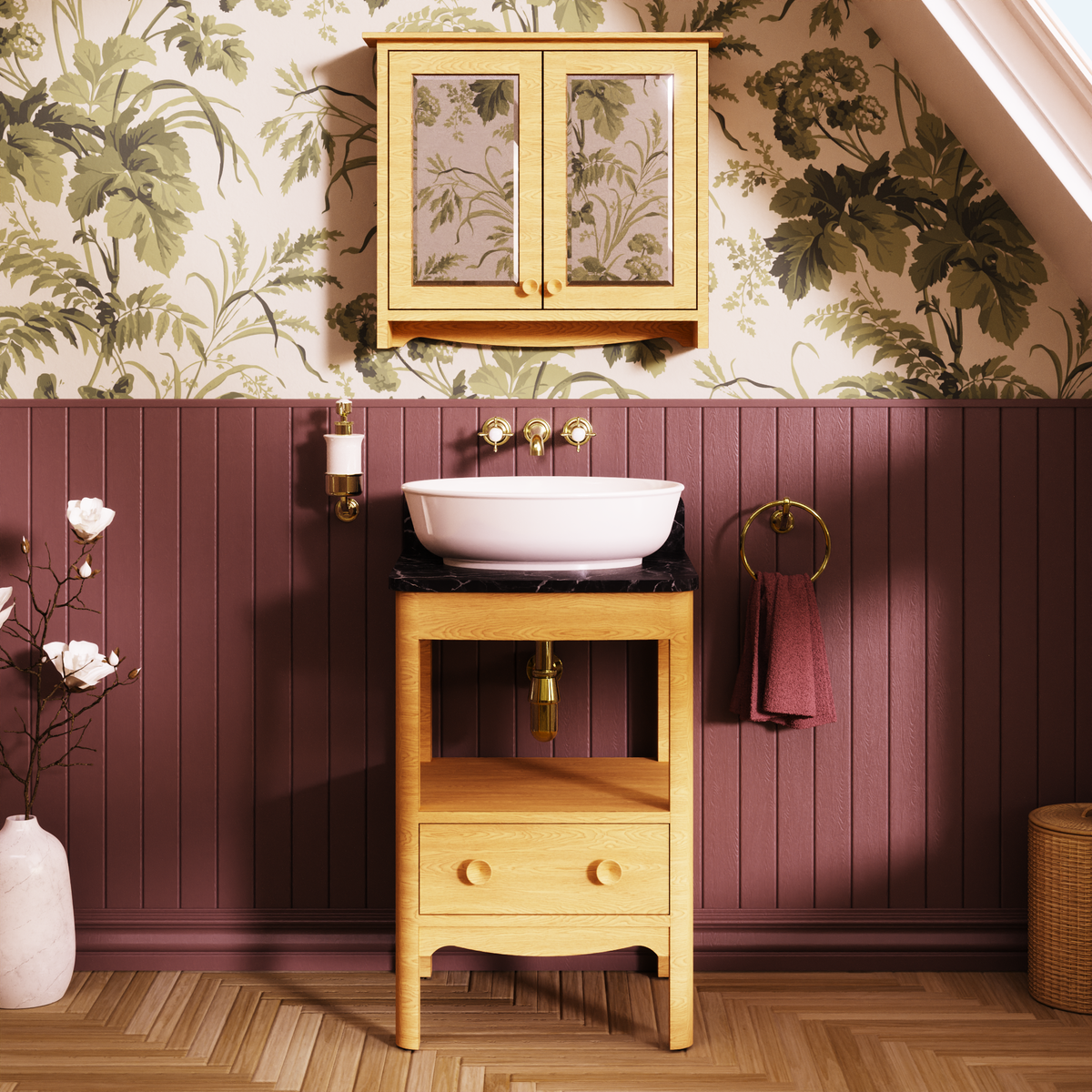 Badrumskommod Burlington Guild 56 cm med bänkskiva, ljus ek, marquina