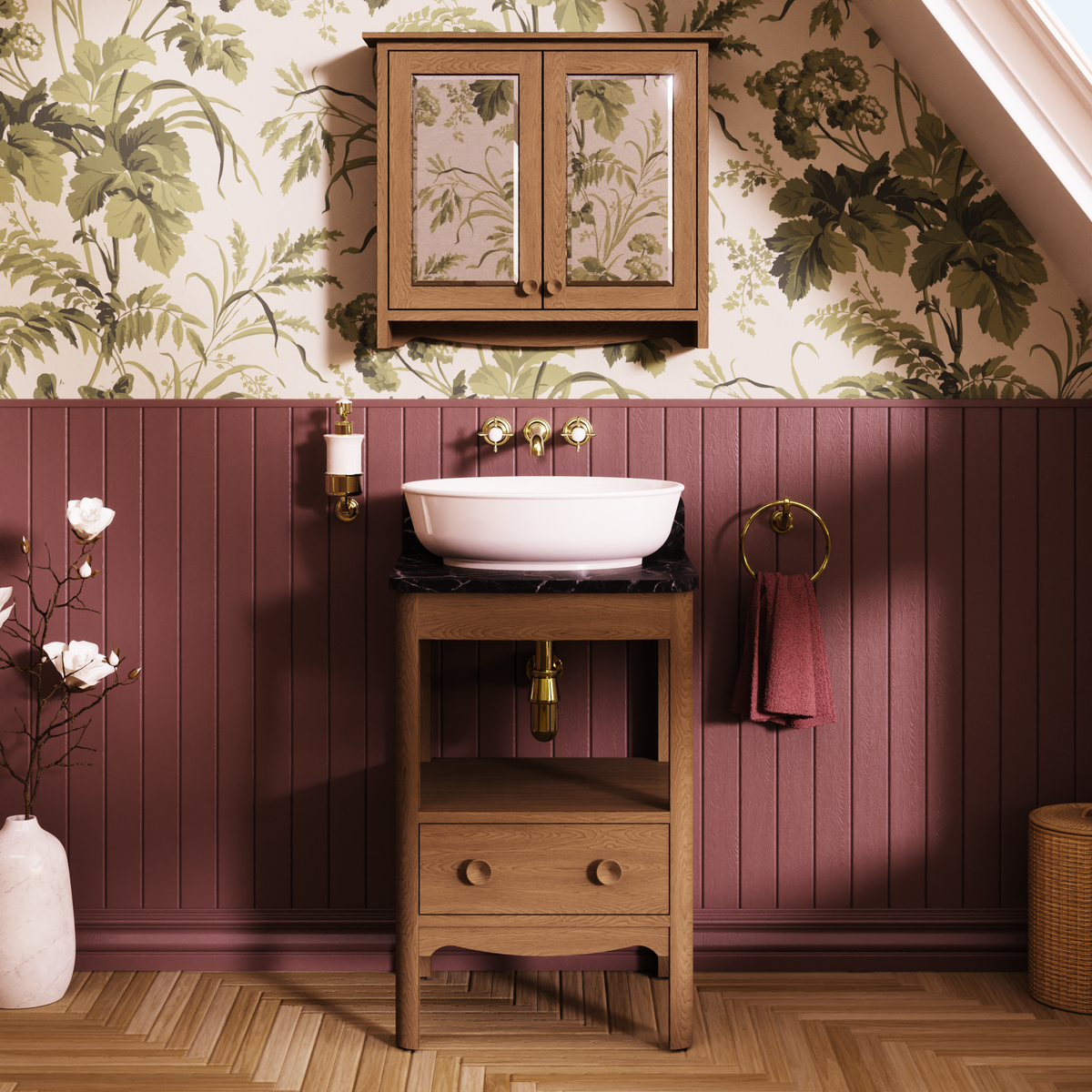 Badrumskommod Burlington Guild 56 cm med bänkskiva, mörk ek, marquina