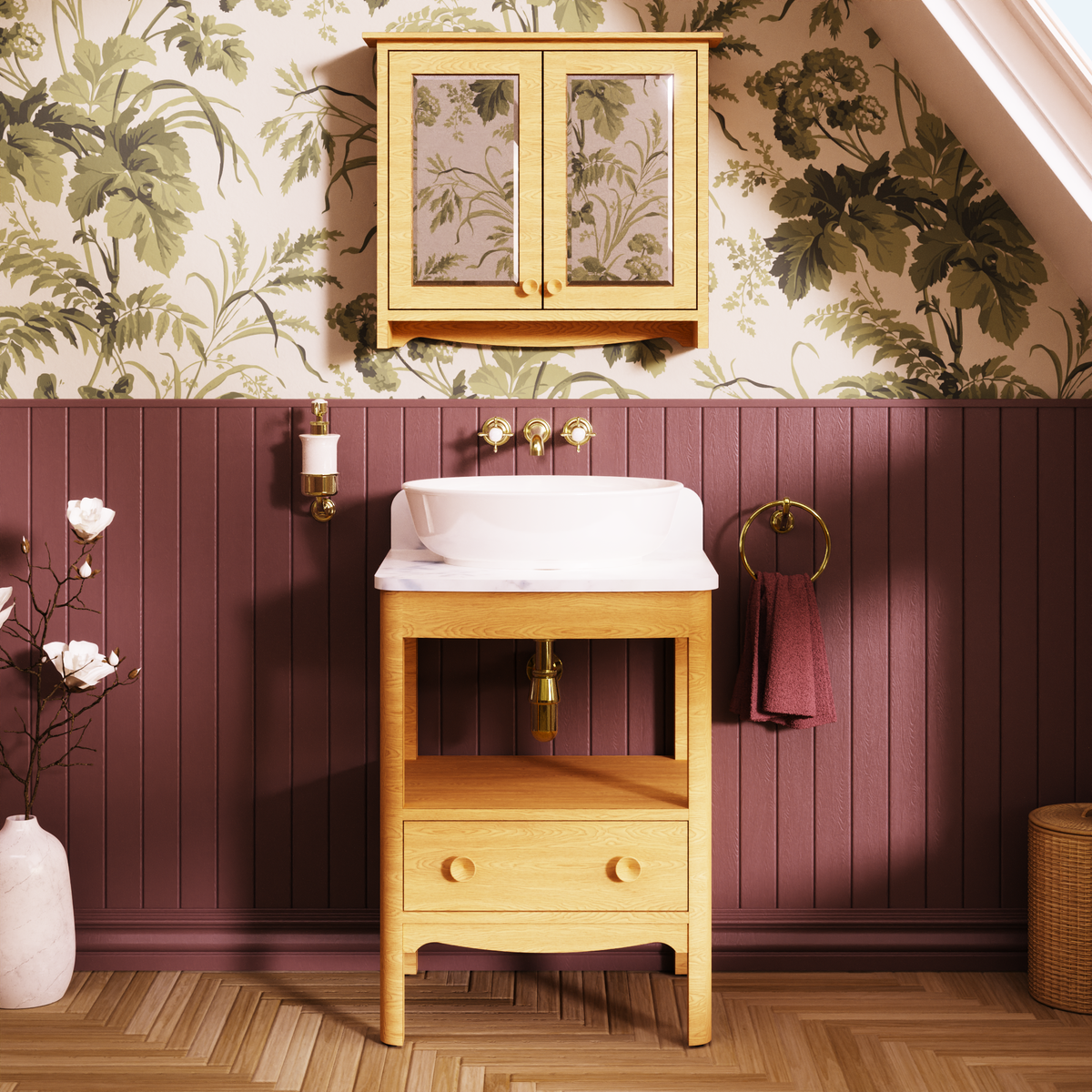 Badrumskommod Burlington Guild 62 cm med bänkskiva, ljus ek, carrara